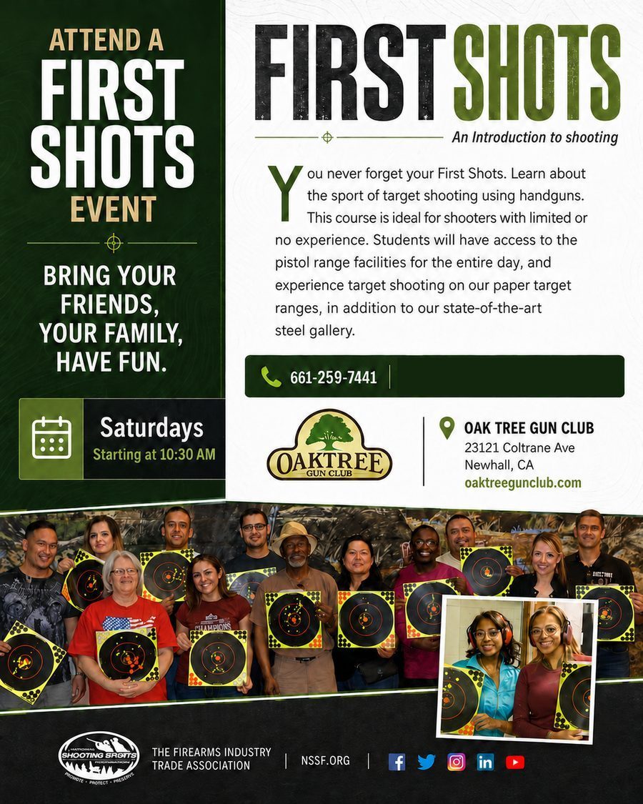 First Shots flyer: attend a First Shots event, Saturdays starting at 10:30 AM. Bring your friends, your family, have fun.