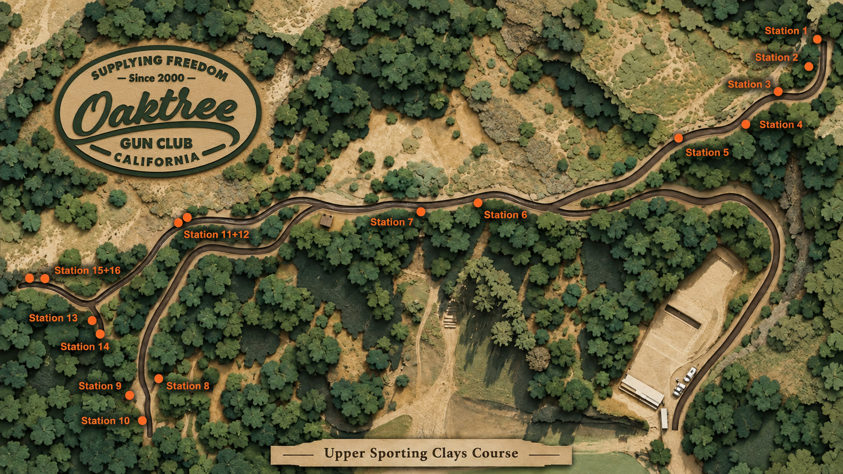 Map of the upper sporting clays course: the road through the canyon with its sixteen stations marked, from station 1 above the clubhouse to stations 15 and 16 at the far end.