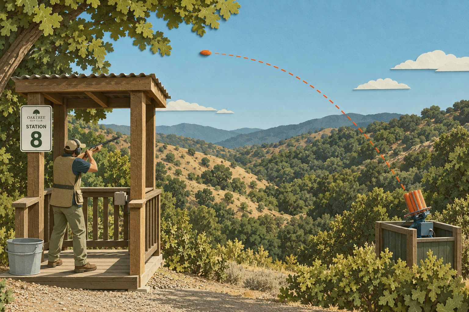 Illustration of a sporting clays station: a shooter in a covered wooden stand marked Station 8 aims at a clay arcing out of a thrower in the brush, with oak-covered hills beyond.