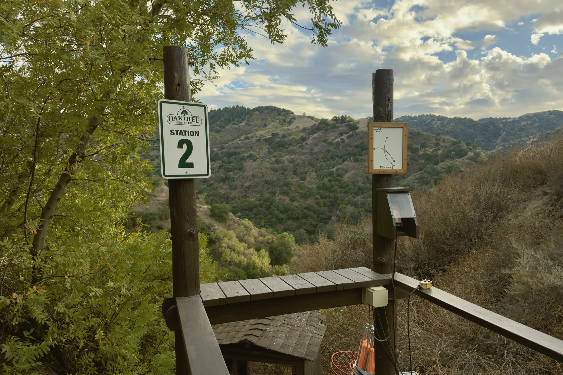 The stand at station 2, its number on the post and the hills beyond.