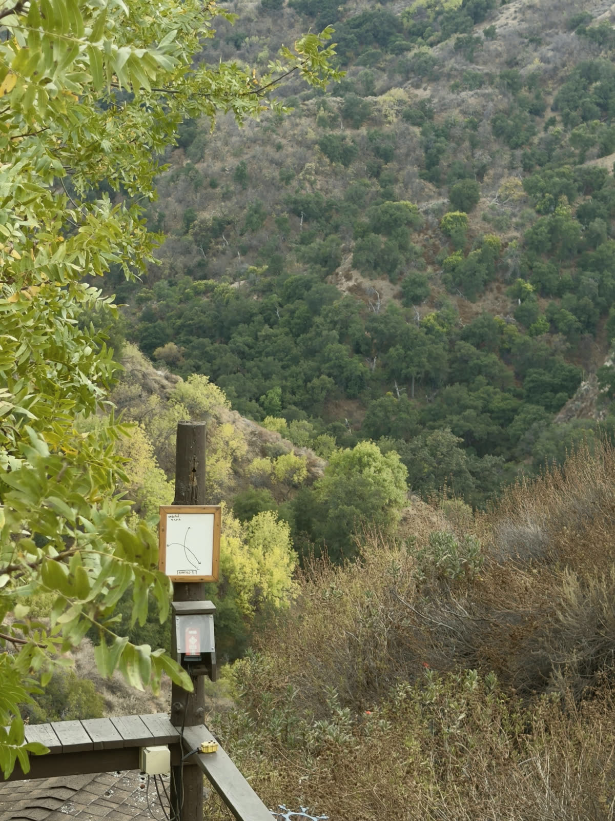 The post at station 2 with its target card, the hillside beyond.