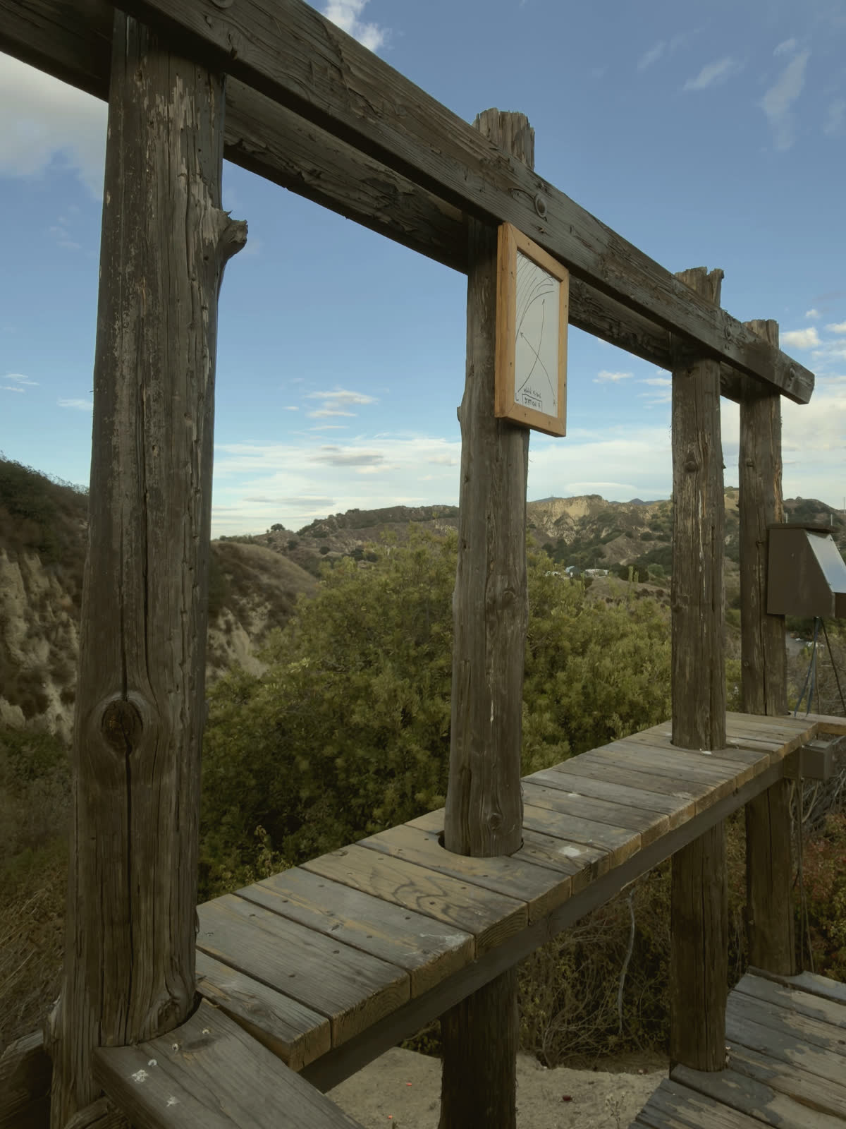 The timber frame of the stand at station 4, its card on the post and the hills beyond.