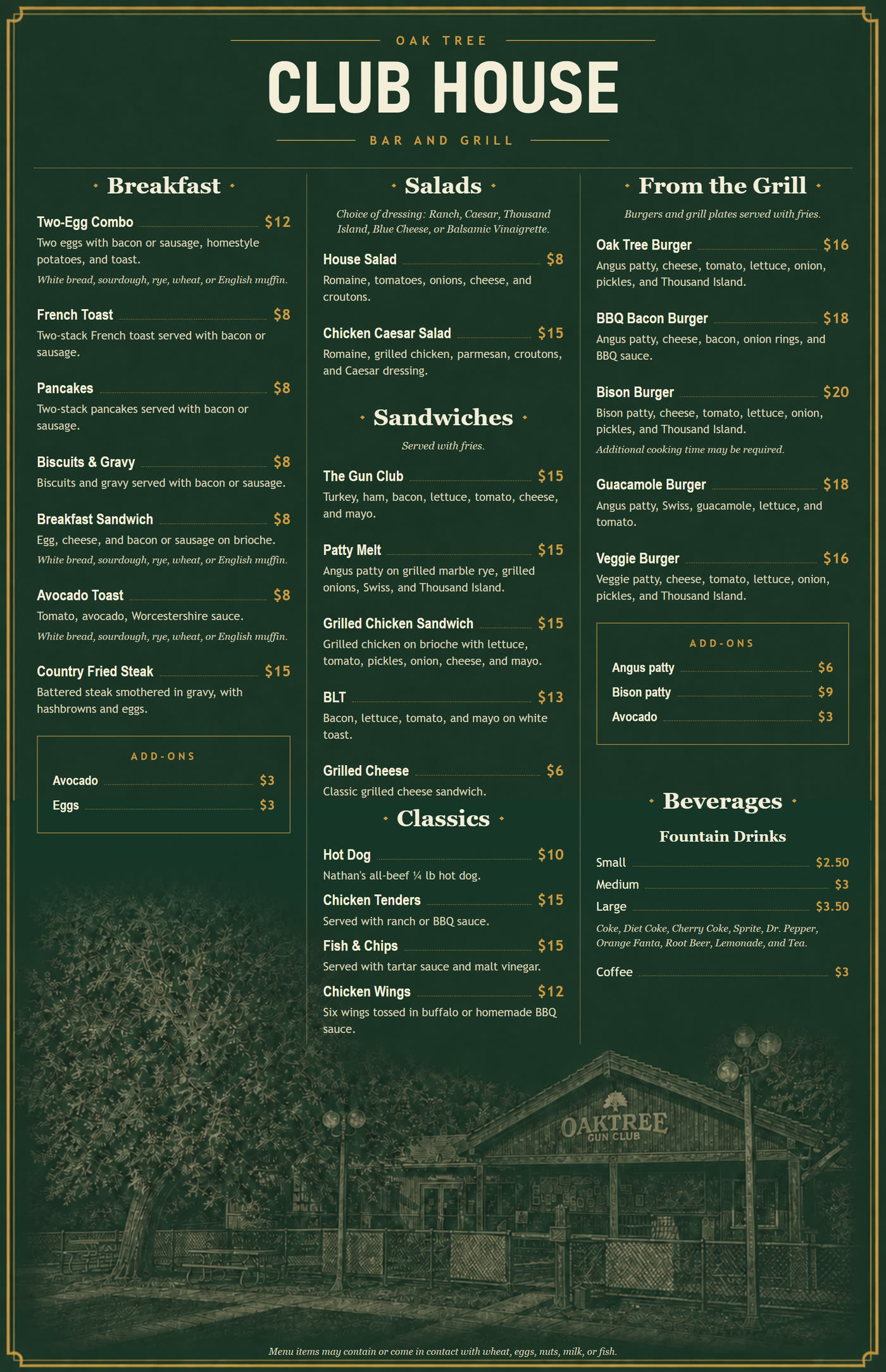 Club House Bar & Grill menu: breakfast, salads, sandwiches, the classics, burgers from the grill, and beverages.