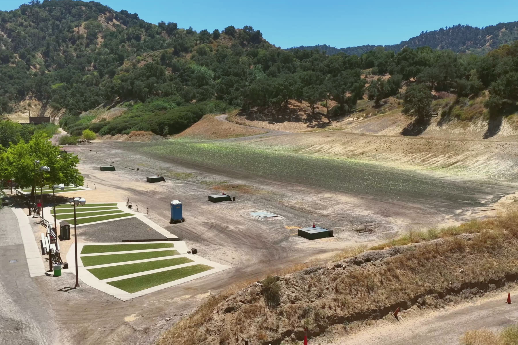The shooting pads and the green lanes of the trap field.