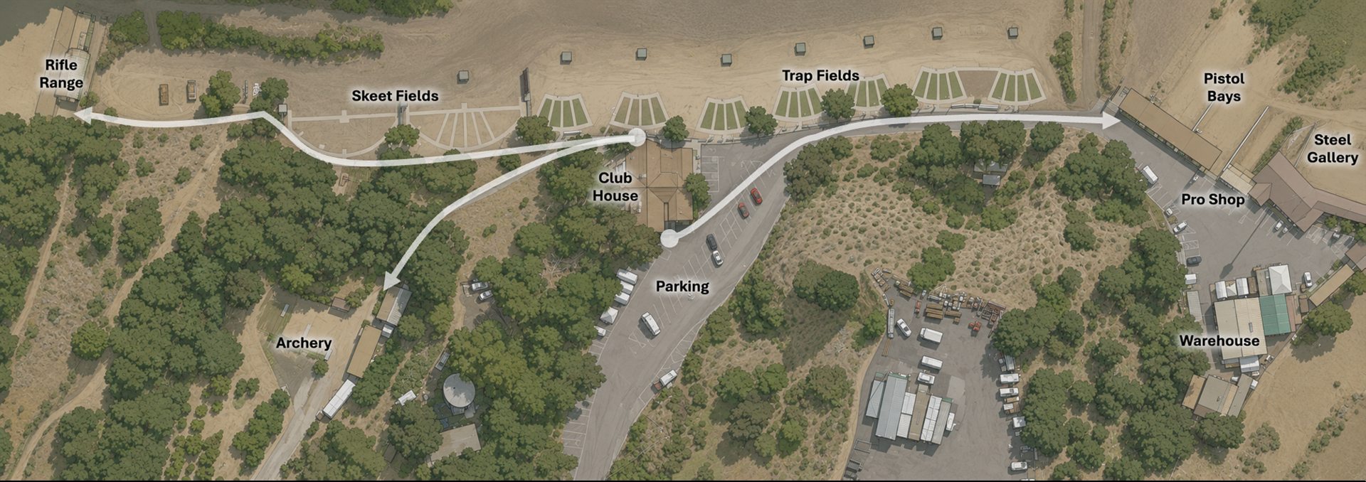 Map of Oak Tree Gun Club. From the parking lot by the clubhouse, the path to the left passes the skeet and trap fields to the rifle range; the path to the right leads to the pistol bays, steel gallery, and Pro Shop; archery is down the trail below the clubhouse.